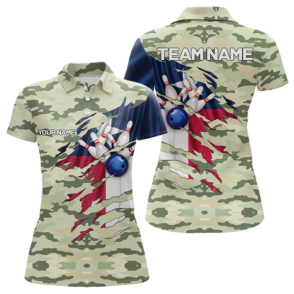 Texas Flag Green Camo Bowling Polo, Quarter Zip shirts for Women custom Texas Bowling Team Jerseys NQS9536
