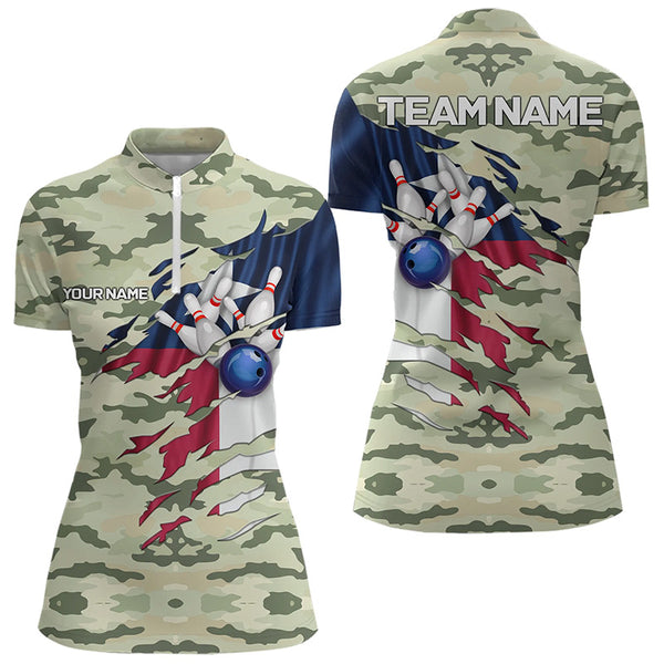 Texas Flag Green Camo Bowling Polo, Quarter Zip shirts for Women custom Texas Bowling Team Jerseys NQS9536