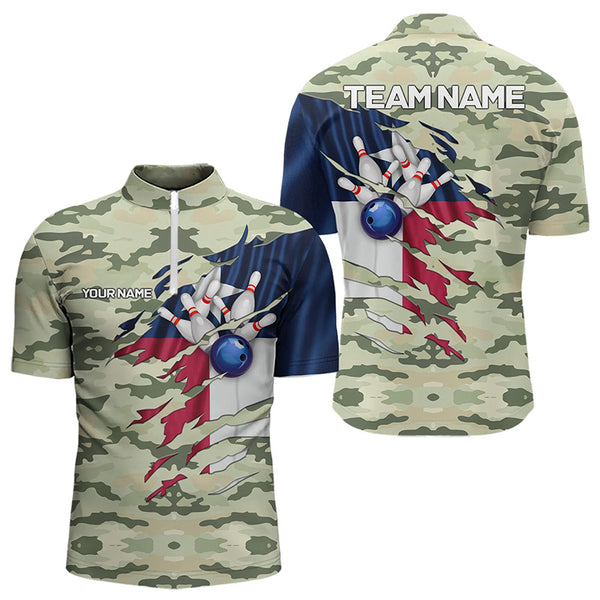 Texas Flag Green Camo Bowling Polo, Quarter Zip shirts for Men custom Texas Bowling Team Jerseys NQS9536