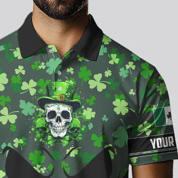 Personalized Green shamrock pattern Skull Men golf polo shirts Custom St Patrick day mens golf tops NQS9542