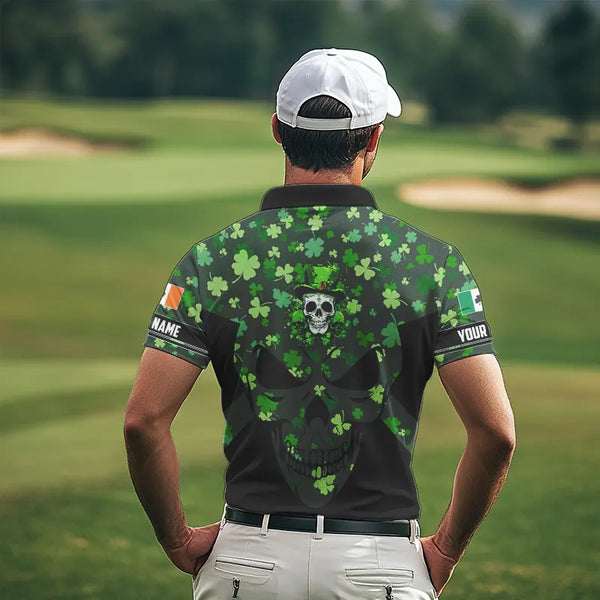 Personalized Green shamrock pattern Skull Men golf polo shirts Custom St Patrick day mens golf tops NQS9542