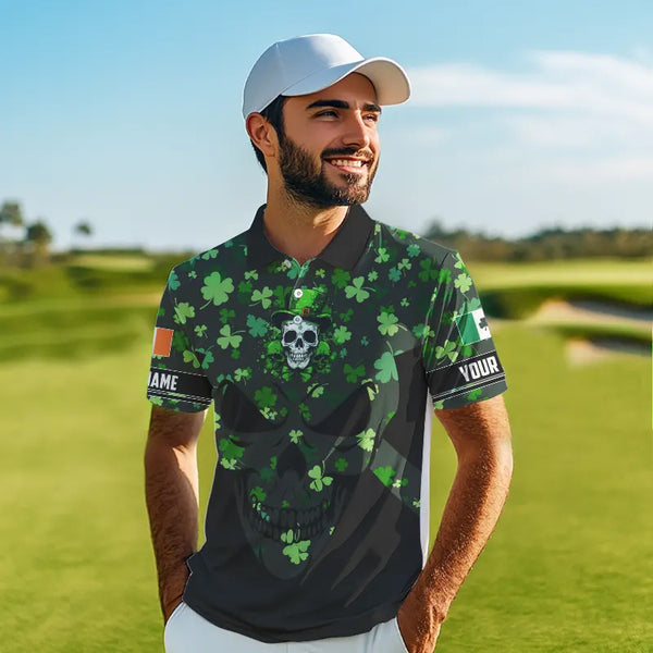 Personalized Green shamrock pattern Skull Men golf polo shirts Custom St Patrick day mens golf tops NQS9542