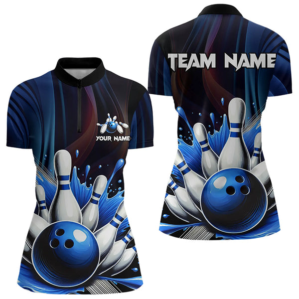 Black and Blue Women's bowling outfits Custom Team ladies bowling Polo, Quarter Zip Shirts NQS9700