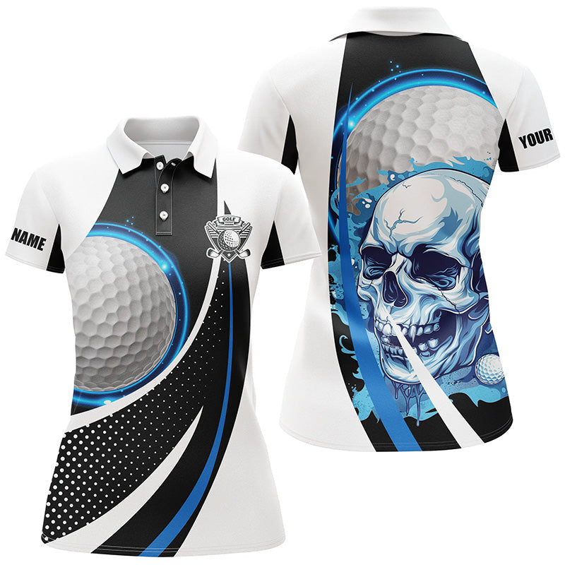 Black and white Golf Skull Womens golf polos shirts custom golf attire for ladies, gifts golfer | Blue NQS7484