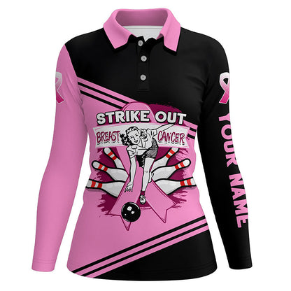 Pink Women bowling polo shirts Custom strike out breast cancer Bowling Team Jersey, bowling gift NQS6382