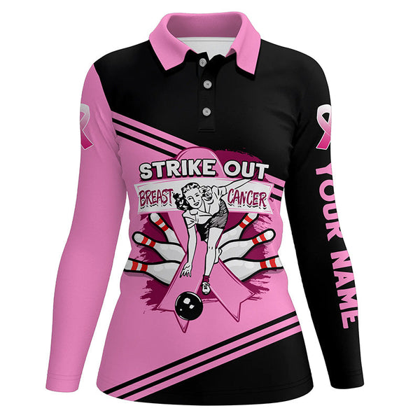 Pink Women bowling polo shirts Custom strike out breast cancer Bowling Team Jersey, bowling gift NQS6382