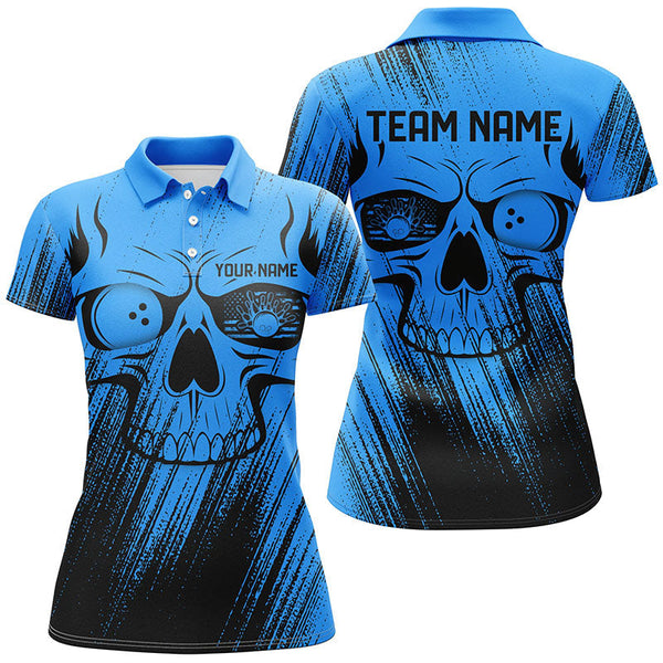 Blue Grunge Skull Bowling Polo, Quarter Zip Shirt Shirts For Women Custom Bowling Team League Jerseys NQS8478