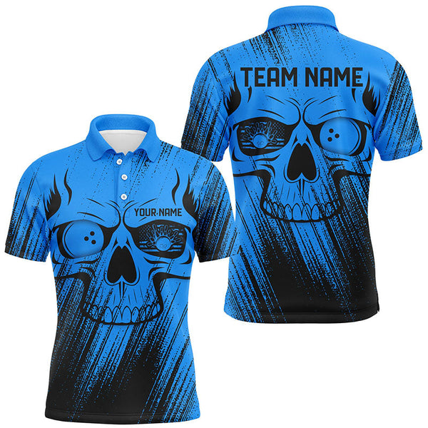 Blue Grunge Skull Bowling Polo, Quarter Zip Shirt Shirts For Men Custom Bowling Team League Jerseys NQS8478