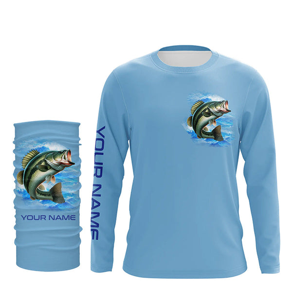 Largemouth Bass Fishing Custom Long Sleeve Performance Fishing shirts Eat Drink Fish Repeat | Blue NQS6613