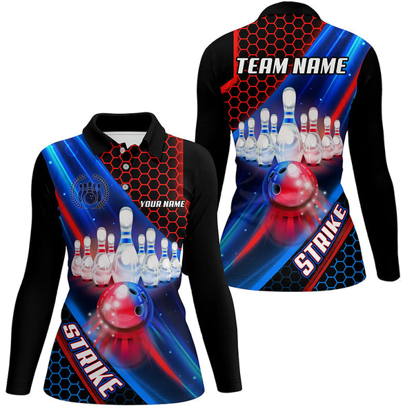 Blue and Red Light Strike Bowling Ball pins Bowling shirts for Women custom Team bowling jerseys NQS8733
