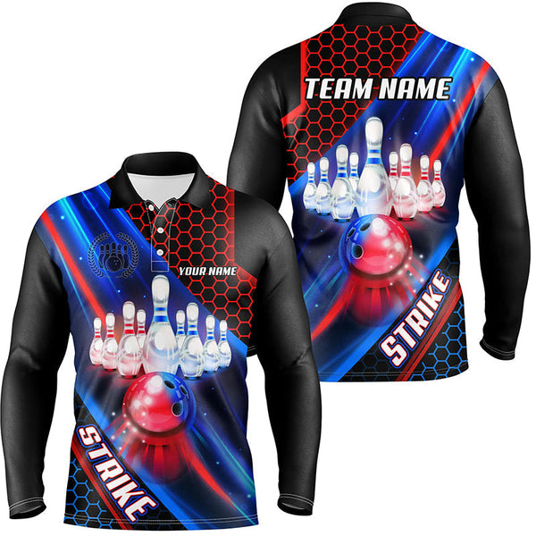 Blue and Red Light Strike Bowling Ball pins Bowling shirts for Men custom Team bowling jerseys NQS8733