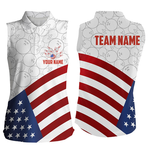 Personalized American Flag Bowling Sleeveless Polo Team Shirts For Women Patriotic Bowling Gifts NQS8947