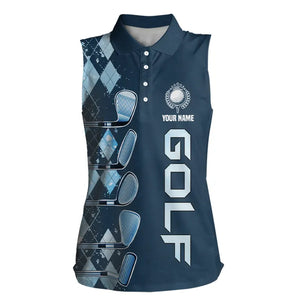 Blue argyle pattern Golf clubs Womens Sleeveless Polo Shirts custom ladies golf tops, cool golf gifts NQS9184