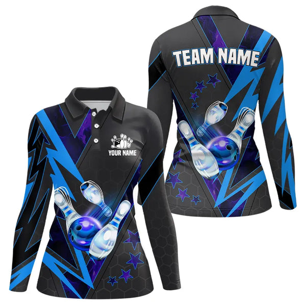 Black and Blue Lightning Bowling Polo, Quarter Zip Shirt for Women Custom Team Bowling Jerseys NQS9189