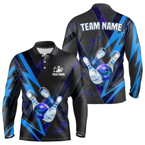 Black and Blue Lightning Bowling Polo, Quarter Zip Shirt for Men Custom Team Bowling Jerseys NQS9189