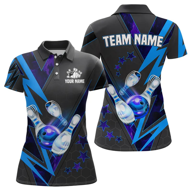 Black and Blue Lightning Bowling Polo, Quarter Zip Shirt for Women Custom Team Bowling Jerseys NQS9189