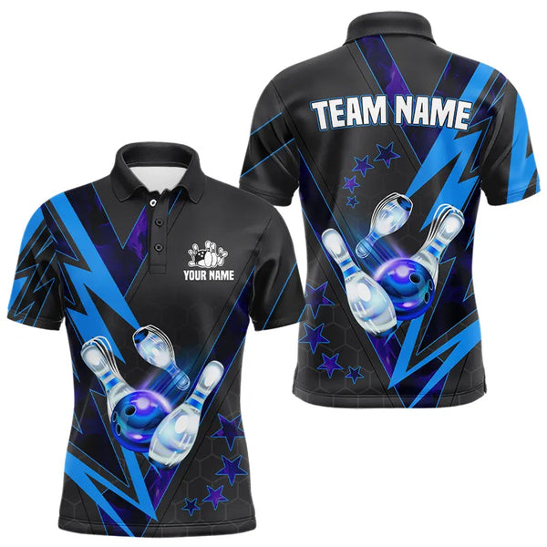 Black and Blue Lightning Bowling Polo, Quarter Zip Shirt for Men Custom Team Bowling Jerseys NQS9189