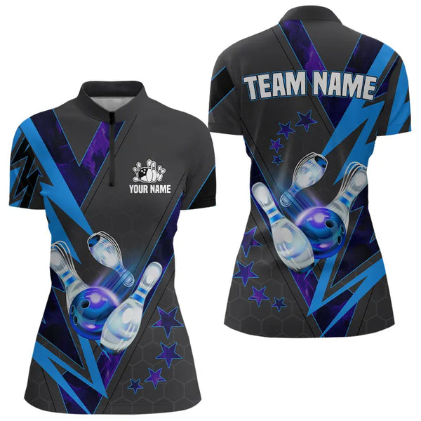 Black and Blue Lightning Bowling Polo, Quarter Zip Shirt for Women Custom Team Bowling Jerseys NQS9189