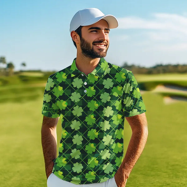 Personalized Green argyle shamrock pattern Men golf polo shirts Custom St Patrick day men golf tops NQS9546