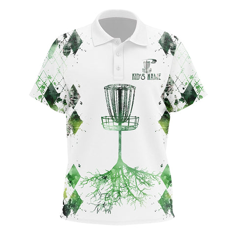 Watercolor green argyle pattern white Kid golf polos shirts custom disc golf frisbee golf shirt NQS7297