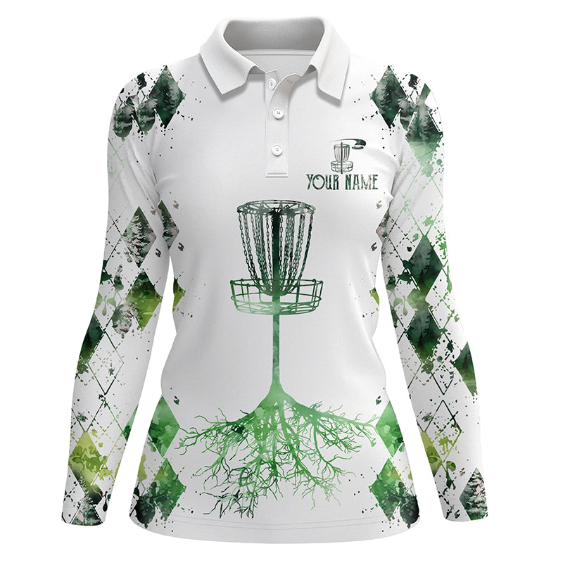 Watercolor green argyle pattern white Womens golf polo shirts custom disc golf disc golf shirt NQS7297