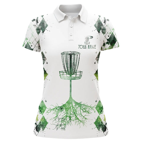 Watercolor green argyle pattern white Womens golf polo shirts custom disc golf frisbee golf shirt NQS7297