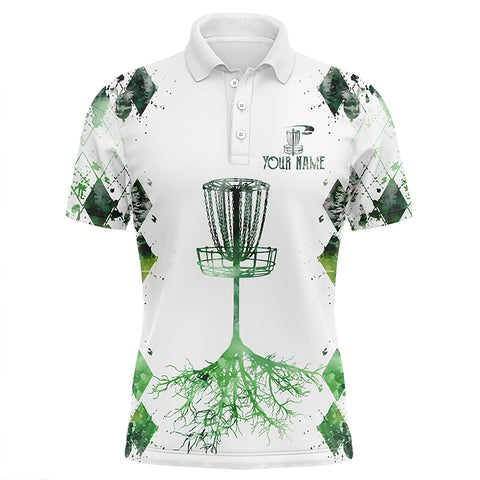 Watercolor green argyle pattern white Mens disc golf polo shirts custom disc golf frisbee golf shirt NQS7297