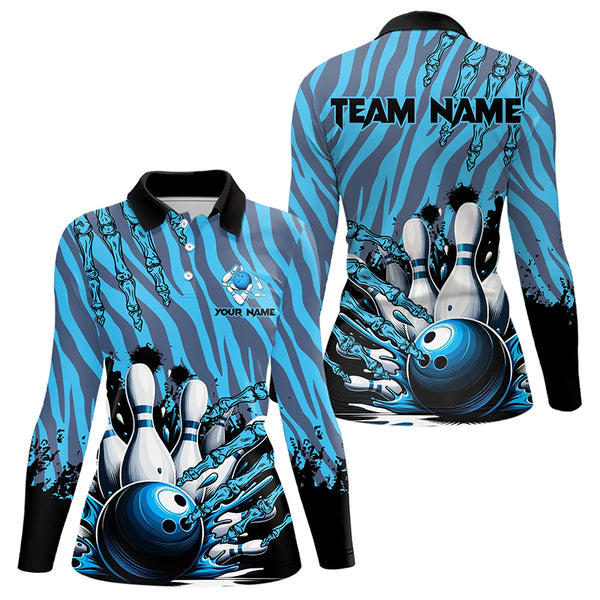 Funny Claw Blue Camo Women's bowling outfits custom bowling polo, Quarter Zip Shirts team jerseys NQS9704