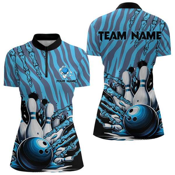 Funny Claw Blue Camo Women's bowling outfits custom bowling polo, Quarter Zip Shirts team jerseys NQS9704