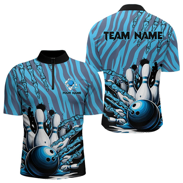Funny Claw Blue Camo Men's bowling outfits custom bowling polo, Quarter Zip Shirts team jerseys NQS9704