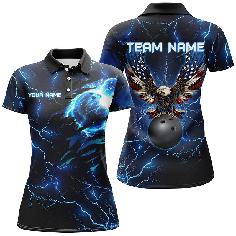 Blue lightning thunder bowling American flag Eagle custom Womens Bowling Polo Shirts, team jerseys NQS7489