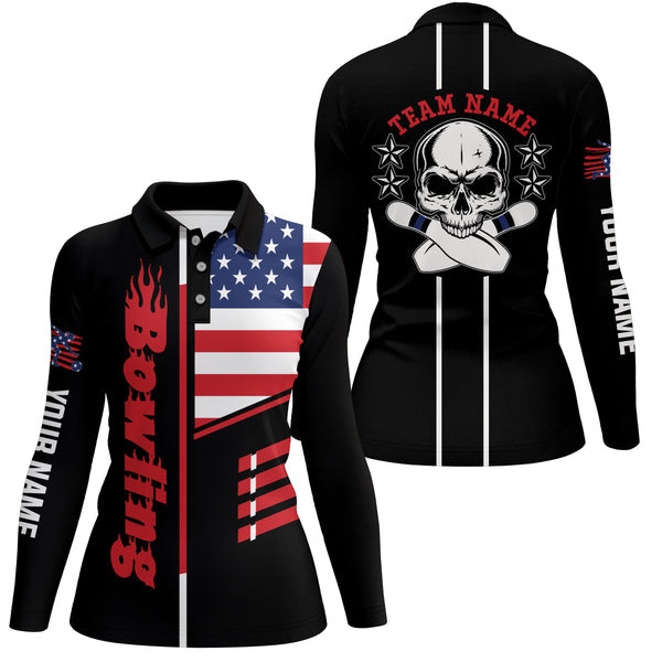 Black Bowling polo Shirt Women Bowling Jerseys Personalized American flag skull Bowling Team Shirts NQS5489