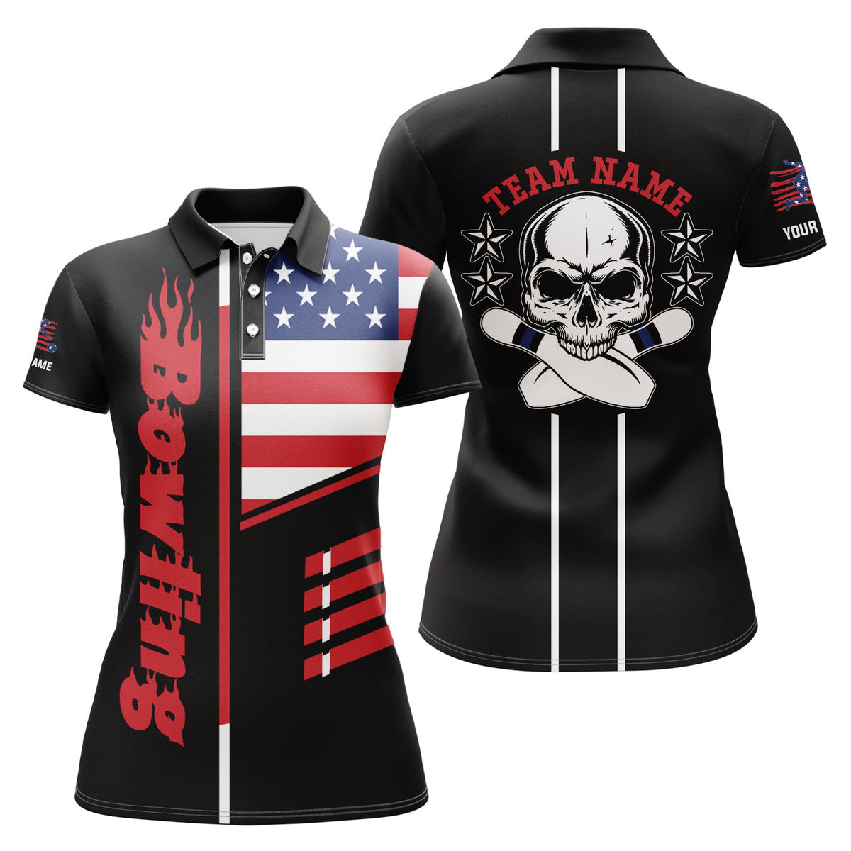 Black Bowling polo Shirt Women Bowling Jerseys Personalized American flag skull Bowling Team Shirts NQS5489