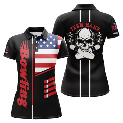 Black Bowling polo Shirt Women Bowling Jerseys Personalized American flag skull Bowling Team Shirts NQS5489