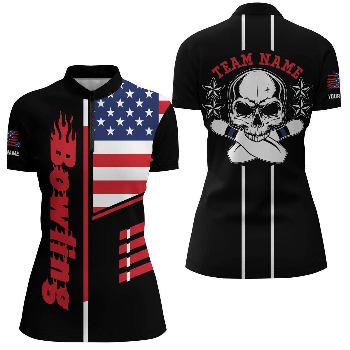 Bowling Quarter-Zip Shirt Women Bowling Jerseys Personalized American flag skull Bowling Team Shirts NQS5489