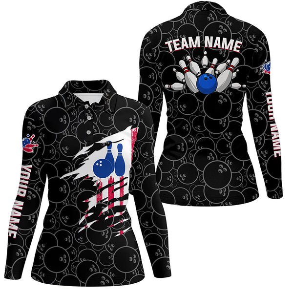 Bowling polo Shirt Women Bowling Jerseys Personalized American flag black pattern Bowling Team Shirts NQS5491
