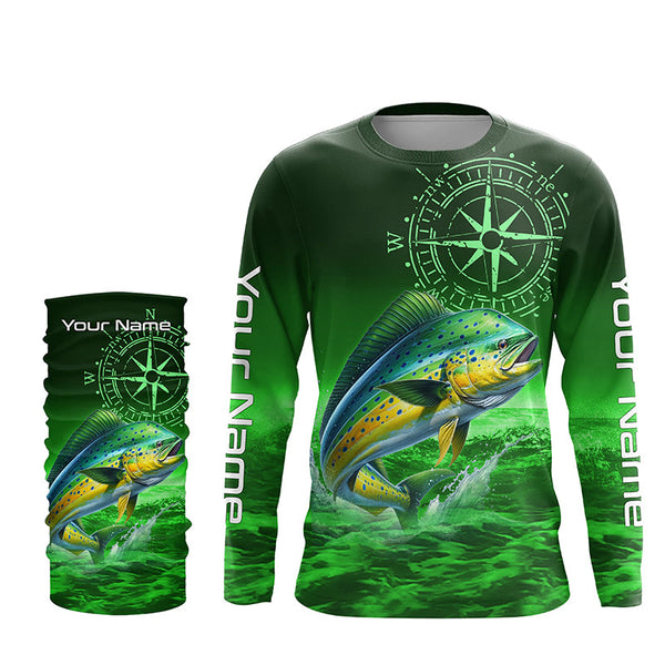 Personalized Mahi mahi Green Long Sleeve Performance Fishing Shirts, Dorado compass tournament Shirts NQS5951