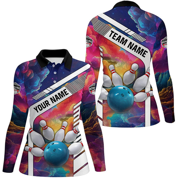 Colorful bowling Polo, Quarter Zip Shirt for Women Custom bowling ball and pins Team Bowling jerseys NQS8066