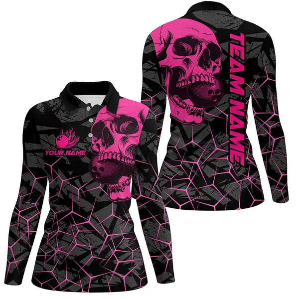 Black Skull camo bowling shirt for women custom bowling team jerseys, gifts for bowlers | Pink NQS8277