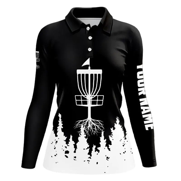 Black and White Womens Disc golf polo shirts custom name frisbee golf jerseys NQS9195