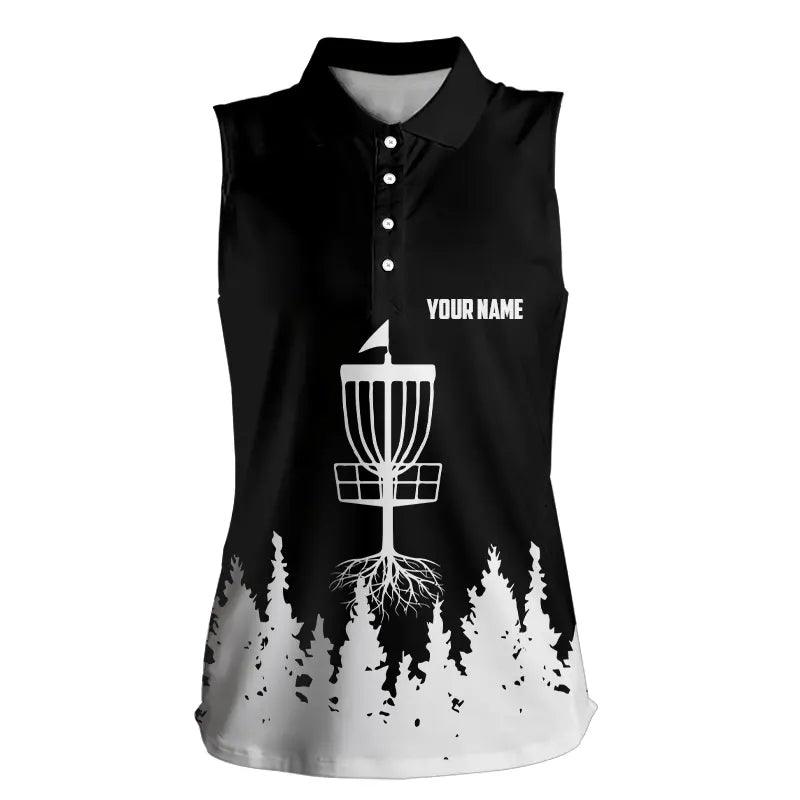 Black and White Womens Disc golf sleeveless polo shirts custom name frisbee golf jerseys NQS9195