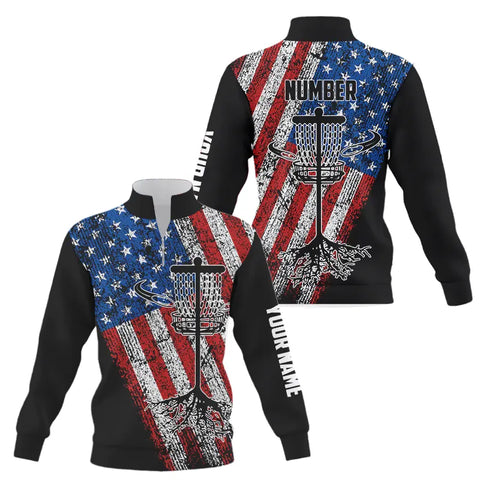 Vintage American Flag Quarter zip sweatshirt custom name and number patriotic disc golf sweater NQS9200