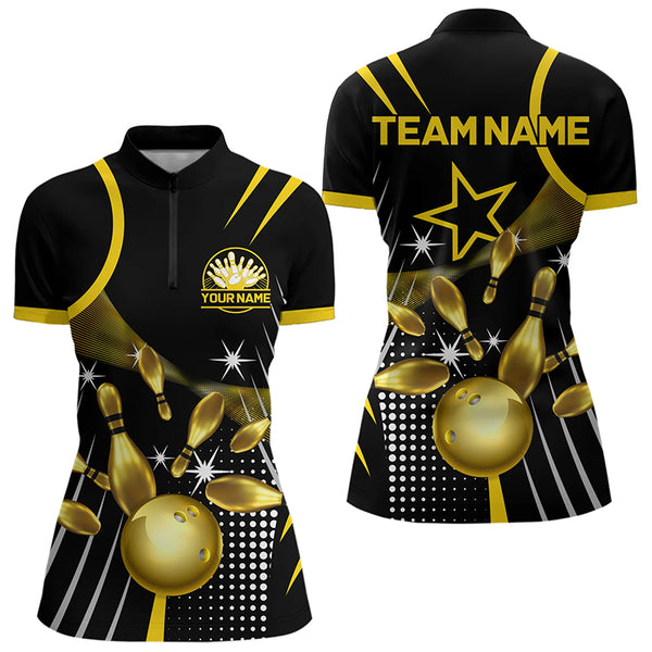 Funny Black and Gold Womens Bowling Polo, 1/4 Zip Shirts Custom Bowling outfit women Team Jerseys NQS9712
