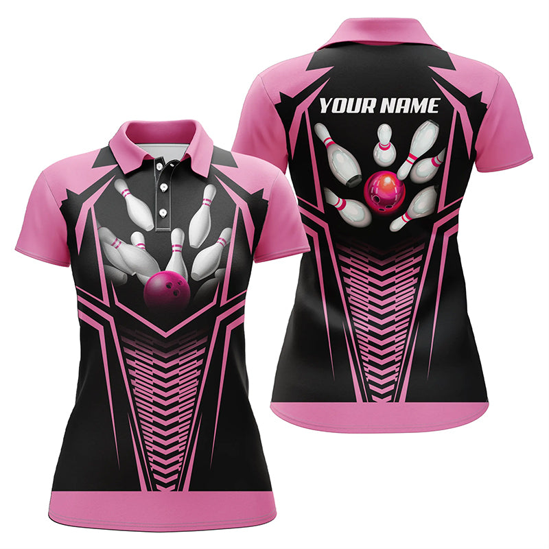 Custom Flame Bowling Ball & Pins polos Shirts For Women, Personalized Bowling Team Jerseys | Pink NQS5495