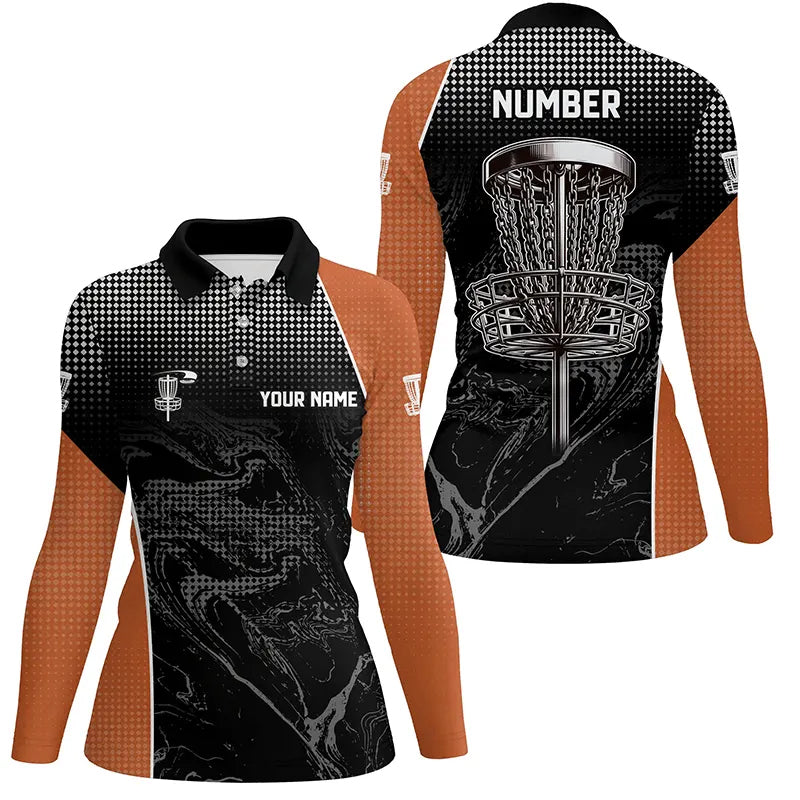 Black camo Women disc golf polo shirts custom team disc golf basket jerseys, unique golf gifts| Orange NQS7849