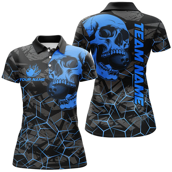 Black Skull camo bowling shirt for women custom bowling team jerseys, gifts for bowlers | Blue NQS8073