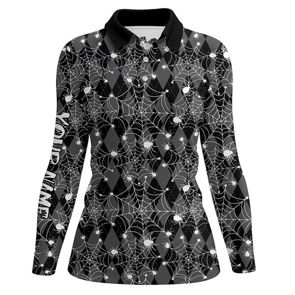 Black argyle spider web pattern Women golf polo shirts custom funny ladies halloween golf shirts NQS8289