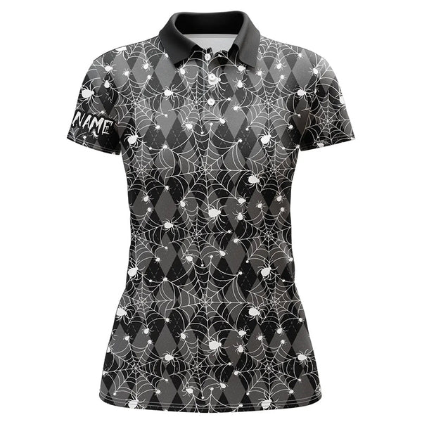 Black argyle spider web pattern Women golf polo shirts custom funny ladies halloween golf shirts NQS8289