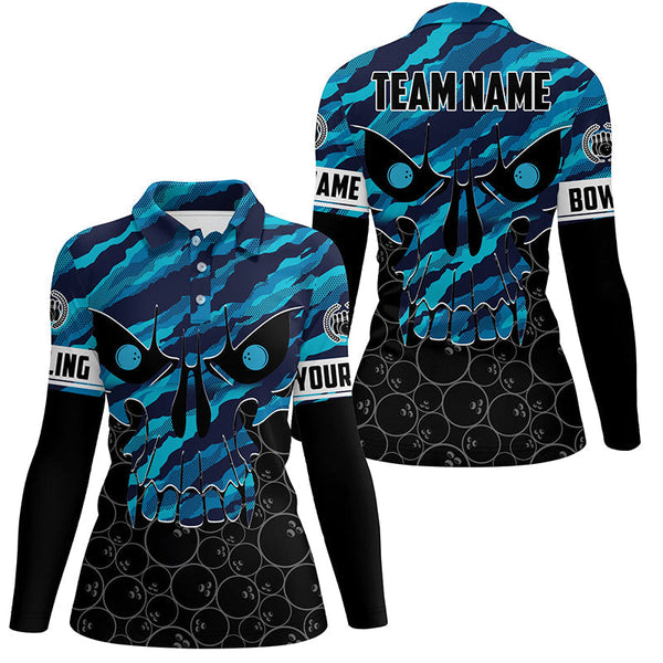Personalized Skull Bowling Shirt for women Custom Team's Name blue camo Bowler Jersey Polo Shirt NQS6410