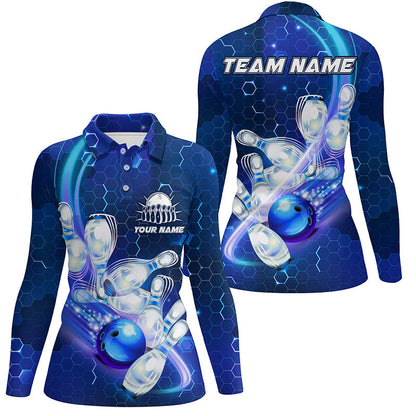 Women bowling polo shirts Custom blue light bowling ball pins hexagon pattern Bowling Team Jersey NQS6639